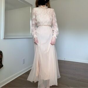 Vintage 70s Cream Long Sleeve Lace Dress bridal